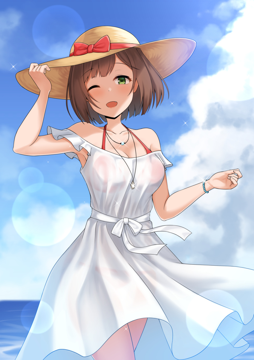 1girl bangs bare_shoulders blush breasts brown_hair cleavage cloud collarbone commentary day dress eyebrows_visible_through_hair green_eyes hat highres idolmaster idolmaster_cinderella_girls jewelry kurisu-kun large_breasts looking_at_viewer maekawa_miku necklace open_mouth outdoors short_hair smile solo sun_hat white_dress