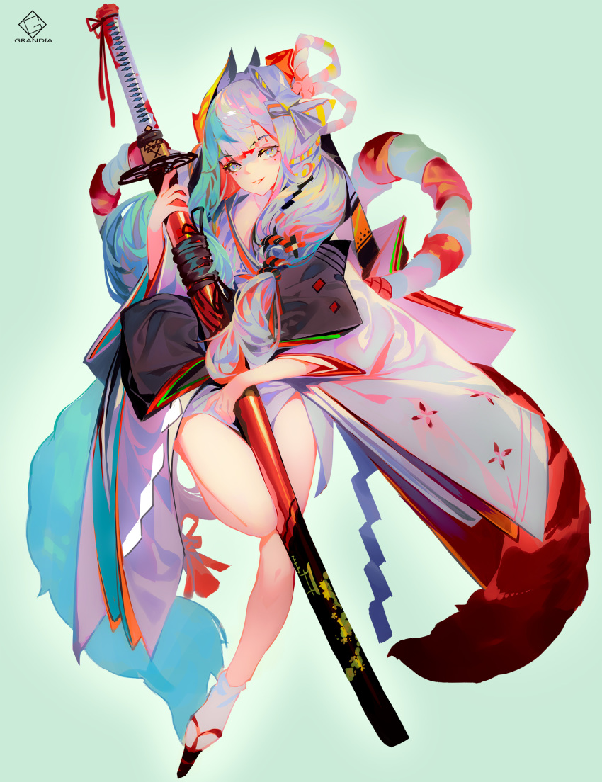 1girl bangs blue_background bow breasts fox_mask full_body grandialee grin hair_bow highres japanese_clothes katana kimono leg_up long_hair looking_at_viewer mask mask_on_head original sandals sheath sheathed silver_eyes silver_hair simple_background smile sword tabi weapon white_legwear