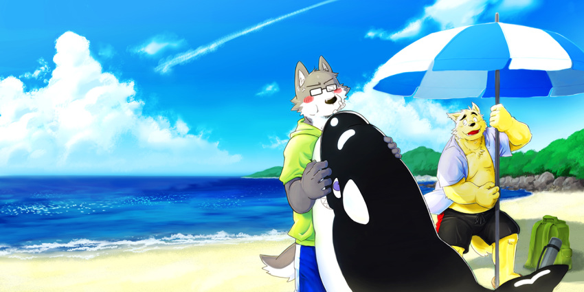 2014 2:1 anthro beach belly blush bottomwear canid canine clothed clothing detailed_background duo eyewear glasses humanoid_hands kemono male mammal n_gata21 open_shirt outside overweight overweight_male seaside shirt shorts topwear water
