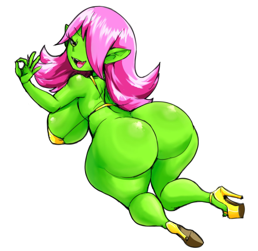 big_breasts big_butt bikini bikini_top bottomless breasts butt clothed clothing dart_(thecon) female footwear goblin hi_res high_heels huge_breasts huge_butt humanoid not_furry shoes simple_background solo swimwear thecon thick_thighs white_background