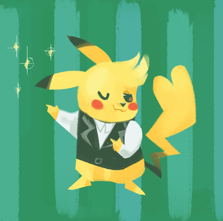 bedupolker black_eyes clothed_pokemon commentary creature english_commentary full_body gen_1_pokemon green_background highres no_humans one_eye_closed pikachu pokemon pokemon_(creature) pose solo standing striped striped_background vertical-striped_background vertical_stripes