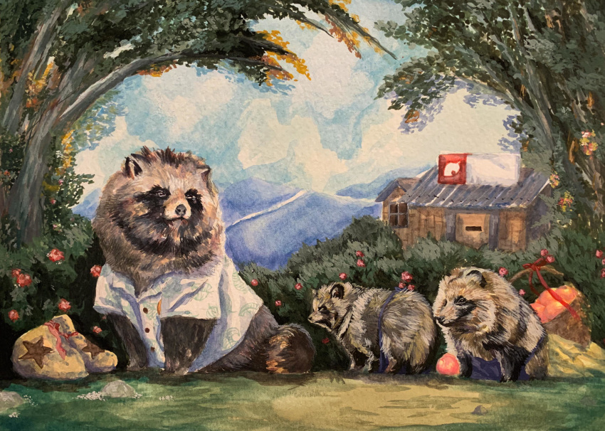 2020 absurd_res animal_crossing apron brown_body brown_fur canid canine clothing detailed_background feral fur group heyfrancis hi_res mammal nintendo outside raccoon_dog shirt tanuki timmy_nook tom_nook_(animal_crossing) tommy_nook topwear video_games