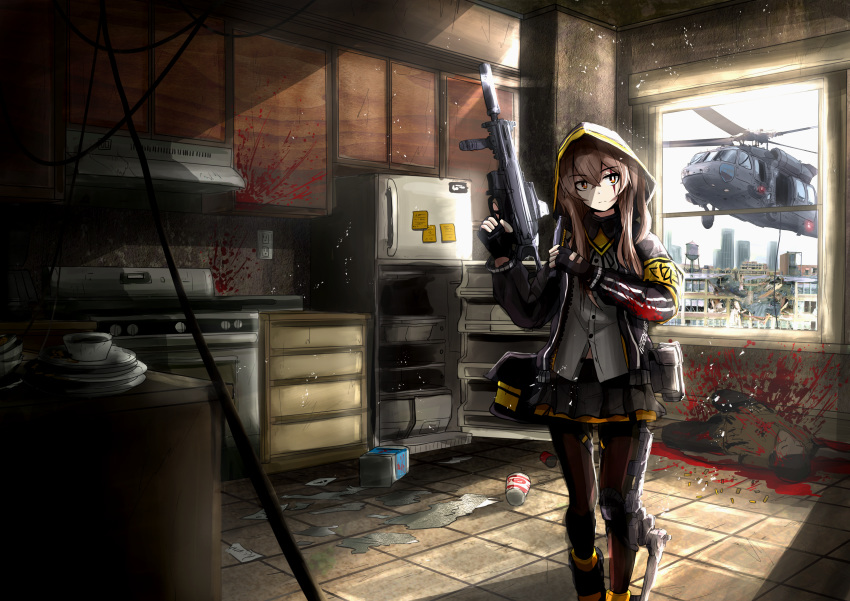 1girl absurdres aircraft armband bangs black_footwear black_gloves black_jacket black_legwear black_neckwear black_skirt blood blood_stain bloody_clothes blouse brown_eyes brown_hair building chinese_commentary closed_mouth commentary_request day death dust_particles eyebrows_visible_through_hair fingerless_gloves girls_frontline gloves grey_blouse gun h&amp;k_ump45 helicopter highres holding holding_gun holding_weapon hood hood_up hooded_jacket huge_filesize jacket kitchen kk90 light_frown long_hair long_sleeves looking_at_viewer miniskirt neck_ribbon open_clothes open_jacket pantyhose pleated_skirt ribbon scar scar_across_eye shoes skirt solo standing ump45_(girls_frontline) vehicle_request weapon window