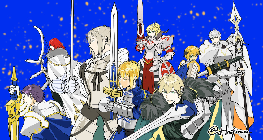 3girls 5boys ahoge airgetlam_(fate) arkaphonic armor armored_dress arondight_(fate) artoria_pendragon_(fate) bedivere_(fate) blonde_hair blue_cape blue_dress blush_stickers bow_(weapon) braid bun_with_braided_base cape clarent_(fate) closed_eyes dress excalibur_(fate/stay_night) excalibur_galatine_(fate) failnaught_(fate) fate/grand_order fate_(series) faulds fur-trimmed_cape fur_trim gareth_(fate) gauntlets gawain_(fate) green_cape green_eyes grey_hair hair_flaps highres holding holding_bow_(weapon) holding_sword holding_weapon knights_of_the_round_table_(fate) lance lancelot_(fate/grand_order) long_hair longinus_(weapon)_(fate) mordred_(fate) multiple_boys multiple_girls percival_(fate) polearm ponytail prosthesis prosthetic_arm purple_hair red_hair saber_(fate) short_hair sword tristan_(fate) weapon white_cape