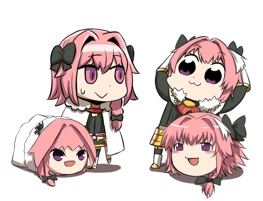 1nilla' all_male astolfo braids cape cat_smile chibi fang fate/grand_order fate_(series) male pink_hair ponytail purple_eyes short_hair trap white yukkuri_shiteitte_ne