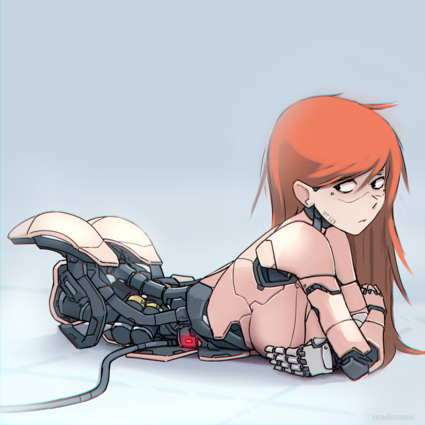 1girl absurdres android artist_name breasts cable chromatic_aberration crossed_arms hair_behind_ear hair_between_eyes highres long_hair looking_to_the_side lying medium_breasts no_legs nradiowave on_stomach original parts_exposed red_hair robot_joints solo