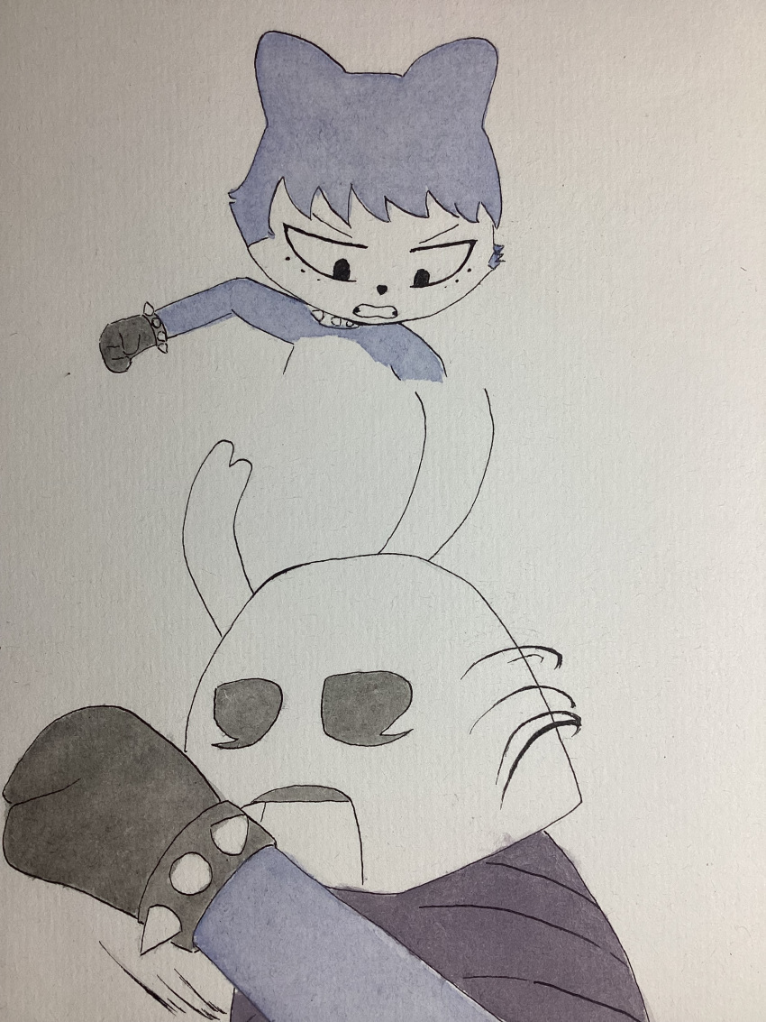 absurd_res angry anthro arthropod blue_body blue_fur ccxiaoyi123 clenched_teeth cloak clothing collar duo female fist frown fur gloves gloves_only handwear handwear_only head_tuft hi_res horn kora_(e254e) male mammal mostly_nude punch rodent sciurid spiked_collar spikes teeth tree_squirrel tuft violence zote_(hollow_knight)