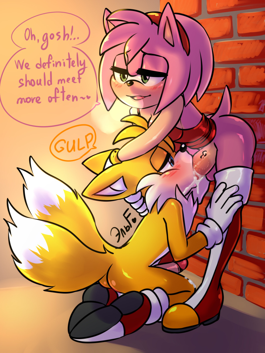 2020 2_tails 3:4 amy_rose anthro anthro_on_anthro anthro_penetrated anthro_penetrating anthro_penetrating_anthro black_nose blue_eyes blush bodily_fluids boots canid canine clothed clothed_sex clothing cum cum_in_mouth cum_inside dialogue dipstick_tail duo english_text eulipotyphlan fellatio footwear fox genital_fluids genitals gloves green_eyes gynomorph gynomorph/male gynomorph_penetrating gynomorph_penetrating_male hair half-closed_eyes handwear hedgehog hi_res intersex intersex/male intersex_penetrating intersex_penetrating_male krazyelf looking_pleasured male male_penetrated mammal miles_prower multi_tail multicolored_tail narrowed_eyes oral oral_penetration penetration penile penis pink_hair sex sonic_the_hedgehog_(series) text