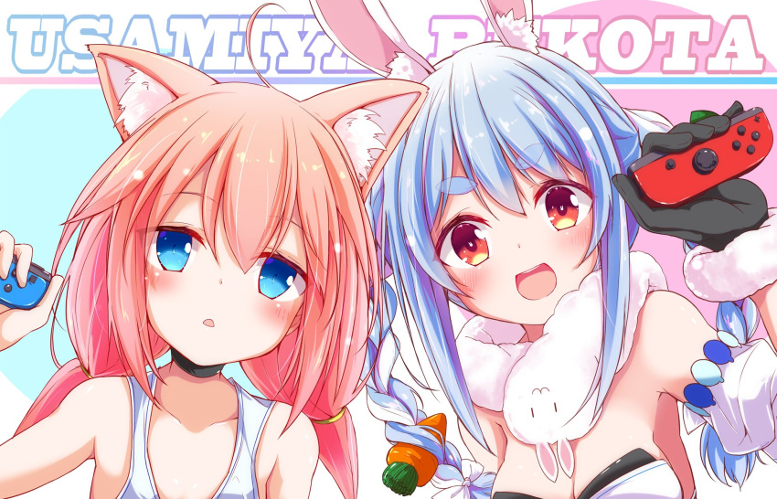 2girls animal_ears armpits blue_eyes blush breasts bunny_ears cat_ears cleavage commentary_request gloves hair_between_eyes highres hinata_channel hololive long_hair looking_at_viewer multiple_girls nanaume_(shichimi_tougarashi) nekomiya_hinata nintendo_switch open_mouth portrait red_eyes shirt small_breasts thick_eyebrows usada_pekora