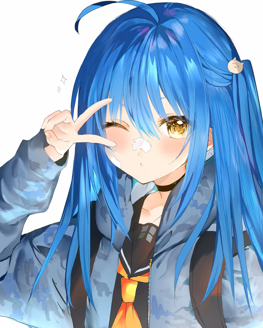 1girl ahoge arm_up backpack bag bandage_on_face blue_hair blue_hoodie brown_eyes camouflage_hoodie choker collarbone highres hoerutarou hood hoodie long_hair long_sleeves neckerchief one_eye_closed orange_neckwear original parted_lips solo twintails upper_body v v_over_eye very_long_hair