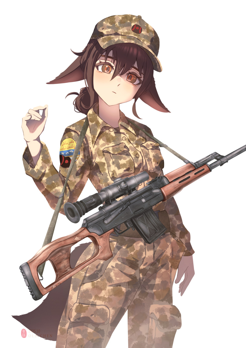1girl absurdres animal_ears arabic_text arm_at_side artist_name brown_eyes brown_hair camouflage closed_mouth commentary cowboy_shot dated english_commentary expressionless fox_ears gun gun_sling hair_between_eyes hand_up hat head_tilt highres long_sleeves looking_at_viewer military_combat_uniform military_uniform oldchen2881 original psl_romak rifle scope short_hair simple_background sniper_rifle solo watermark weapon white_background
