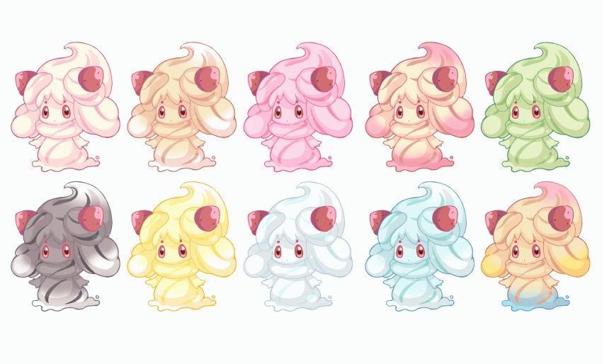 alcremie alternate_color closed_mouth food fruit gen_8_pokemon heart heart-shaped_pupils highres looking_at_viewer no_humans pikomarie pokemon pokemon_(creature) red_eyes simple_background strawberry symbol-shaped_pupils white_background
