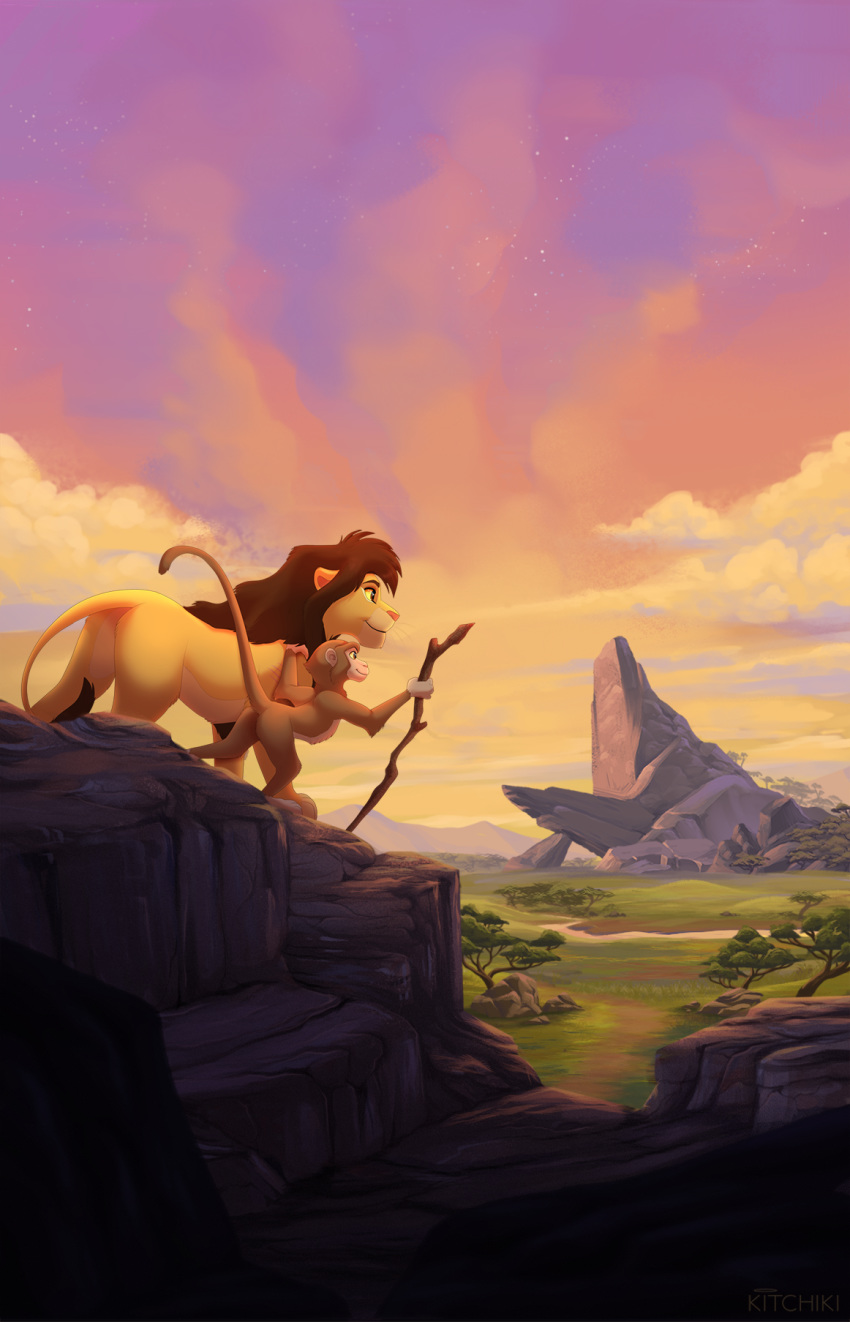 2020 5_fingers brown_hair day detailed_background disney duo felid feral fingers hair haplorhine hi_res kitchiki lion mammal monkey outside pantherine primate sky smile star starry_sky the_lion_king