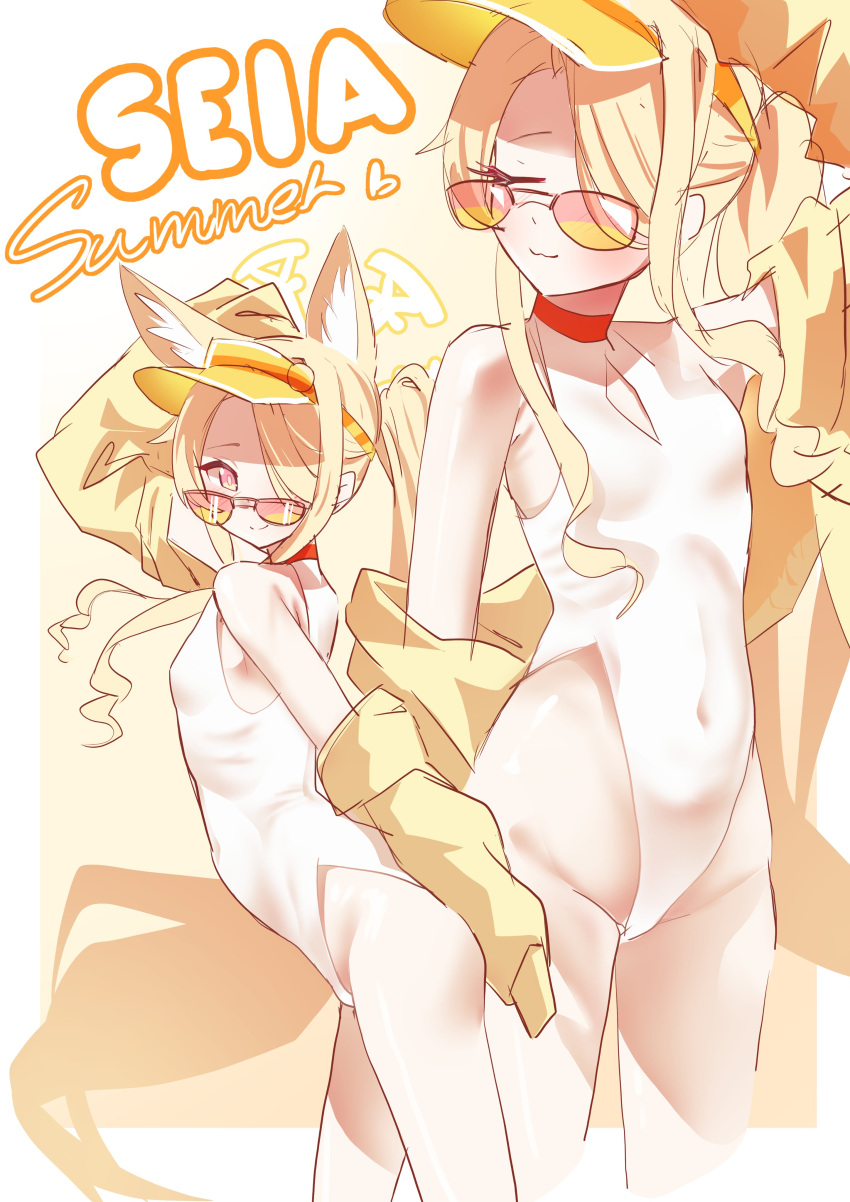 1girl absurdres animal_ear_fluff animal_ears blonde_hair blue_archive covered_navel fox_ears gradient_eyes halo happycry highleg highleg_one-piece_swimsuit highres multicolored_eyes one-piece_swimsuit pink_eyes seia_(blue_archive) seia_(swimsuit)_(blue_archive) sunglasses swimsuit visor_cap white_one-piece_swimsuit