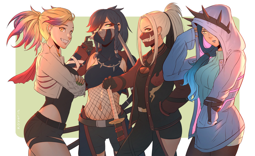 4girls artist_name belt blonde_hair blue_hair breasts clenched_teeth commentary denim denim_shorts earrings grin highres jacket jewelry koyorin long_hair monster_hunter monster_hunter:_world multicolored_hair multiple_girls nargacuga odogaron ponytail ribbed_sweater shorts smile sweater tagme teeth xeno'jiiva yellow_eyes