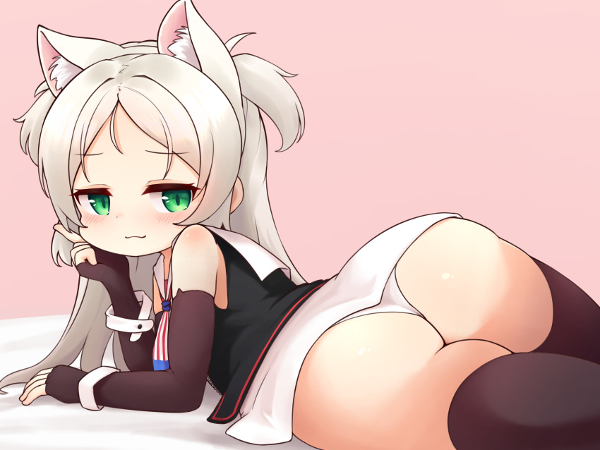 1girl absurdres american_flag american_flag_print animal_ear_fluff animal_ears ass azur_lane black_gloves black_thighhighs cat_ears closed_mouth commentary_request cuff_links dress elbow_gloves extra_ears fingerless_gloves flag_print gloves green_eyes highres long_hair looking_at_viewer lying on_stomach panties pink_background raised_eyebrows shoboimu sims_(azur_lane) sleeveless sleeveless_dress solo thighhighs two_side_up underwear white_panties
