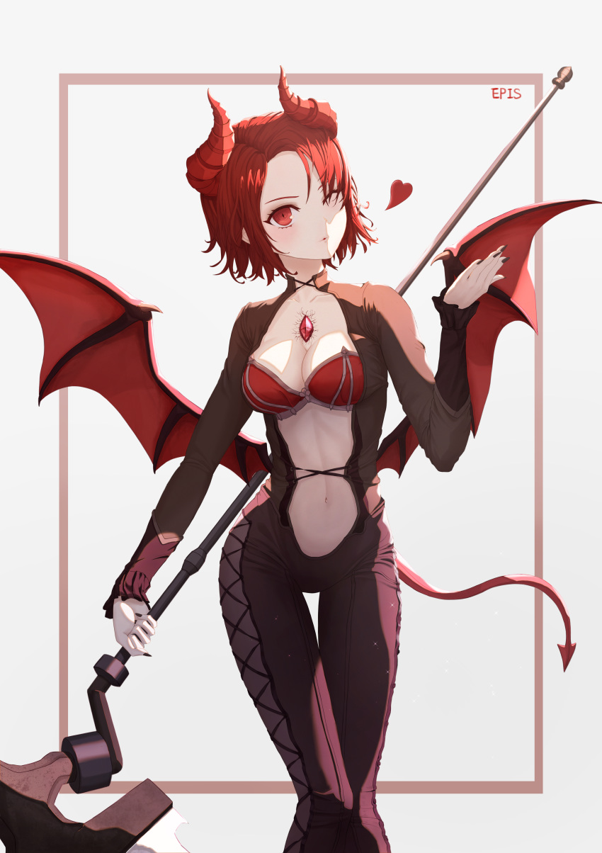 1girl absurdres black_nails blown_kiss breasts character_name cleavage collarbone demon_horns demon_tail demon_wings eichi_(skskdi12z) epis heart highres holding holding_weapon horns king's_raid large_breasts long_sleeves navel parted_lips red_eyes red_hair short_hair solo tail weapon wings