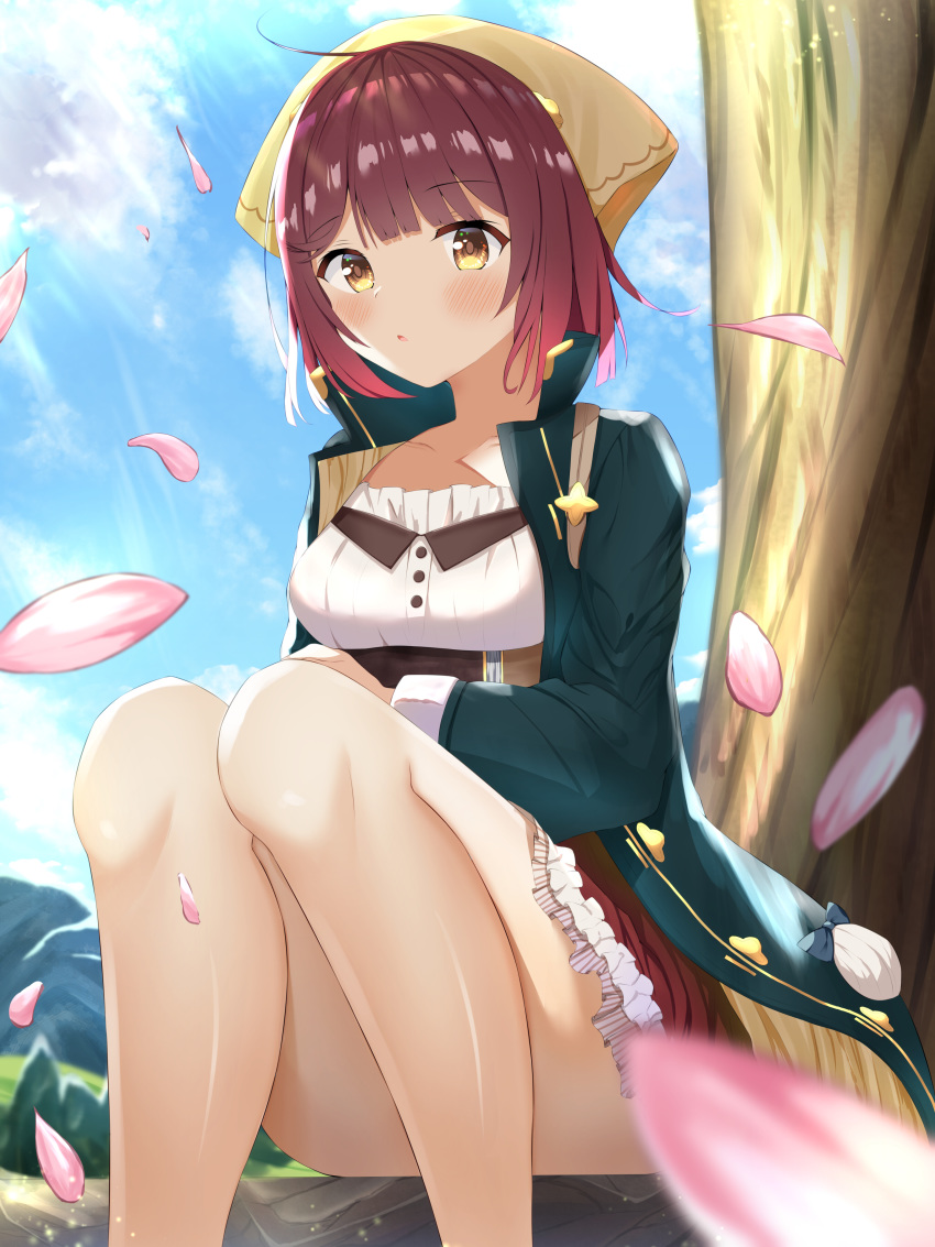 1girl absurdres atelier_(series) atelier_sophie bare_legs blue_coat blush breasts brown_hair convenient_leg corset day firin frilled_skirt frills head_scarf highres knees_up legs looking_at_viewer medium_breasts open_mouth outdoors petals red_hair red_skirt short_hair sitting skirt solo sophie_neuenmuller sunlight thighs upskirt yellow_eyes