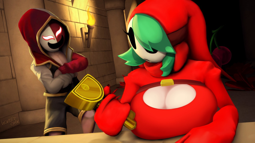 16:9 2020 3d_(artwork) big_breasts breasts clothed clothing digital_media_(artwork) duo female hi_res humanoid male male/female mario_bros nintendo phanto shyguy source_filmmaker video_games wonsterchan