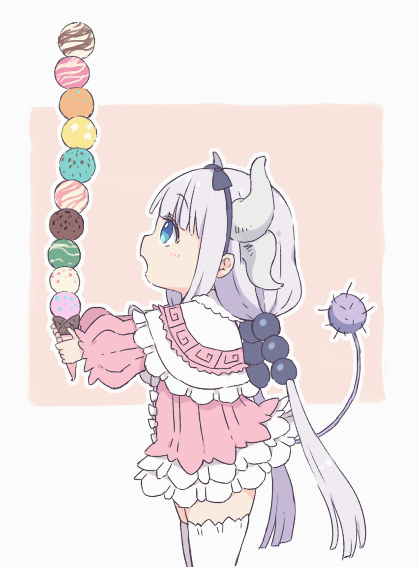 1girl blue_eyes blush brown_background capelet commentary_request curled_horns dragon_horns dress food frilled_capelet frills grey_background hair_ornament highres holding holding_food horns ice_cream ice_cream_cone kanna_kamui kobayashi-san_chi_no_maidragon long_hair long_sleeves looking_at_object looking_away low_twintails open_mouth outline outstretched_arms pikomarie pink_dress profile puffy_long_sleeves puffy_sleeves silver_hair solo thighhighs too_many too_many_scoops twintails two-tone_background very_long_hair white_capelet white_legwear white_outline