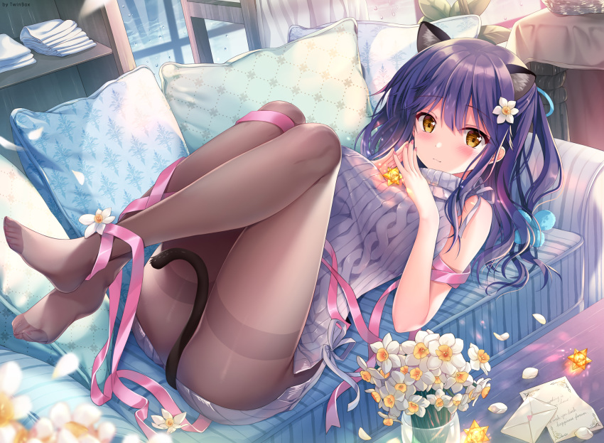 aliasing animal_ears blush breasts couch dress flowers long_hair nanami_yuuno original pantyhose paper petals purple_hair ribbons sousouman tail watermark yellow_eyes