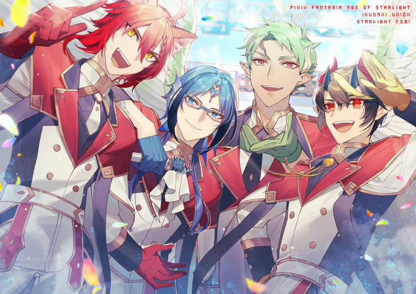 4boys :d black_horns blue_eyes blue_hair braid brown_hair fourme_d'ambert frutica_renk glasses gloves green_gloves green_hair hair_between_eyes head_fins highres holding holding_microphone looking_at_viewer male_focus microphone multiple_boys open_mouth outdoors pixiv_fantasia pixiv_fantasia_age_of_starlight pointy_ears red_eyes red_gloves red_hair rezia rysdor_ginger smile standing uniform wurst_aoiyama yellow_eyes yellow_gloves