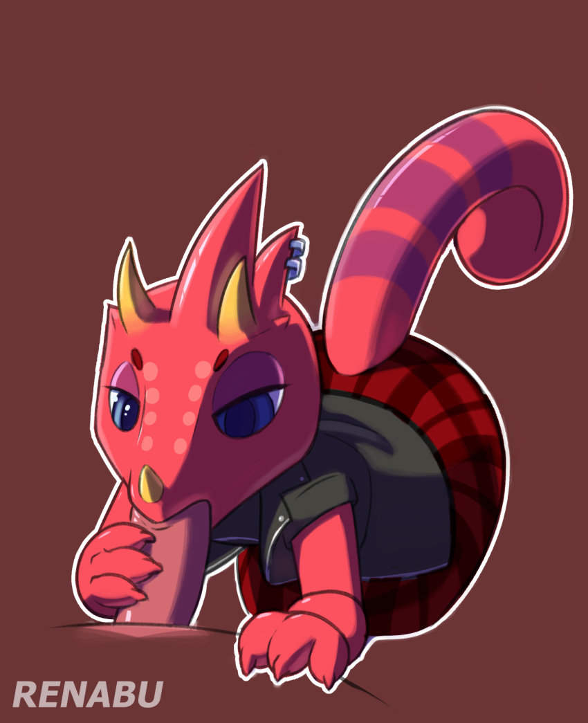 animal_crossing anthro claws clothed clothing curved_tail ear_piercing ear_ring flick_(animal_crossing) genitals hi_res horn lizard male nintendo nose_horn oral penis piercing renabu reptile scales scalie sex solo striped_tail stripes video_games