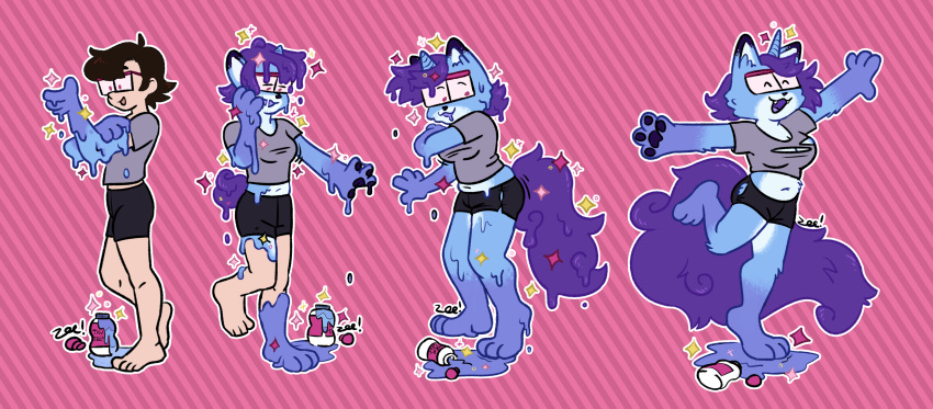 absurd_res barefoot big_tail breast_expansion breasts clothed clothing dragoozee excited felid feline female fully_clothed goo_(disambiguation) goo_transformation hair happy hi_res horn human human_to_anthro mammal purple_hair slime sparkles species_transformation tammy_(tammycat) transformation