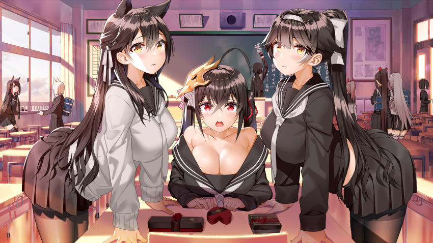 6+girls akagi_(azur_lane) akusema animal_ears atago_(azur_lane) atago_(school_daydream)_(azur_lane) ayanami_(azur_lane) azur_lane bag bangs bare_shoulders black_hair black_legwear black_skirt blue_bag blush bow box breasts brown_eyes chalkboard character_request classroom closed_mouth collarbone commentary_request desk extra_ears eyebrows_visible_through_hair grey_hair grey_sweater hair_bow hair_ornament hair_ribbon hairband holding holding_bag kaga_(azur_lane) large_breasts long_hair looking_at_viewer mole mole_under_eye multiple_girls necktie pleated_skirt ponytail ribbon school_desk school_uniform serafuku shoukaku_(azur_lane) skirt sweater swept_bangs taihou_(azur_lane) takao_(academy_romantica)_(azur_lane) takao_(azur_lane) thighhighs upper_teeth valentine white_bow white_hair white_hairband white_neckwear white_ribbon yellow_eyes zuikaku_(azur_lane)