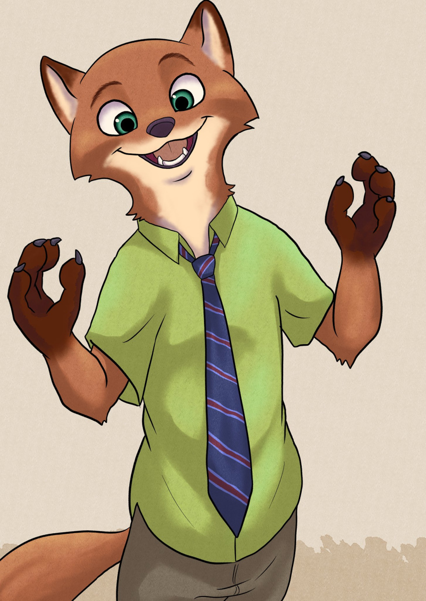 2020 anthro bottomwear brown_body brown_fur canid canine cheek_tuft clothed clothing disney facial_tuft fox fully_clothed fur hi_res mammal neck_tuft necktie nick_wilde open_mouth open_smile pants piberius_w red_fox shirt simple_background smile solo tan_background topwear tuft zootopia