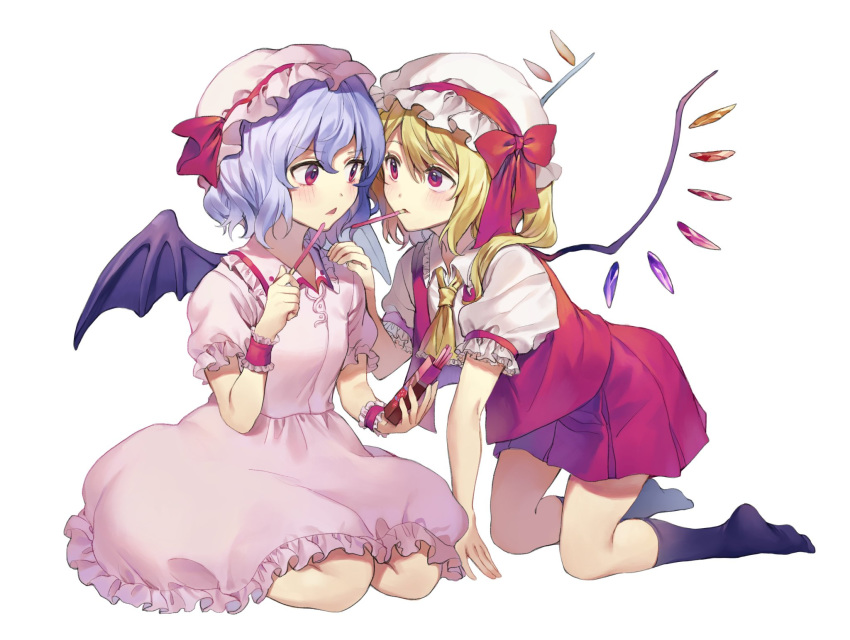 2girls ascot bangs bat_wings black_legwear blonde_hair blue_hair blush bow crystal dress eye_contact eyebrows_visible_through_hair flandre_scarlet food food_in_mouth frilled_shirt_collar frills hair_between_eyes hand_on_another's_shoulder hand_up hat hat_bow hat_ribbon highres holding holding_food incest kneehighs kneeling long_hair looking_at_another miniskirt misha_(hoongju) mob_cap mouth_hold multiple_girls one_side_up parted_lips pink_dress pink_headwear pleated_skirt pocky puffy_short_sleeves puffy_sleeves red_bow red_eyes red_ribbon red_skirt red_vest remilia_scarlet ribbon seiza short_hair short_sleeves simple_background sitting skirt skirt_set touhou vest white_background white_headwear wings wrist_cuffs yellow_neckwear yuri