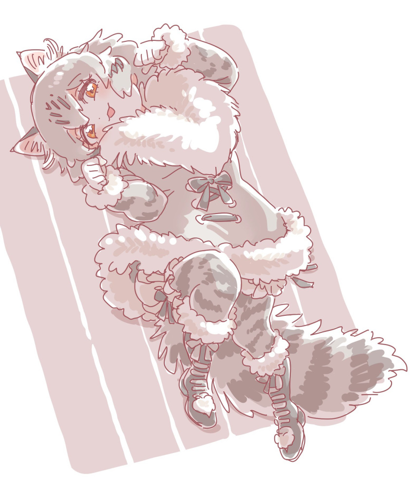 1girl :3 :d animal_ear_fluff animal_ears boots cat_day cat_ears cat_girl cat_tail coat commentary extra_ears full_body fur-trimmed_boots fur-trimmed_coat fur-trimmed_sleeves fur_collar fur_trim grey_hair highres kemono_friends knee_boots long_sleeves looking_at_viewer lying mitsumoto_jouji norwegian_forest_cat_(kemono_friends)_(mitsumoto_jouji) on_back open_mouth orange_eyes original paw_pose simple_background smile solo tail white_background