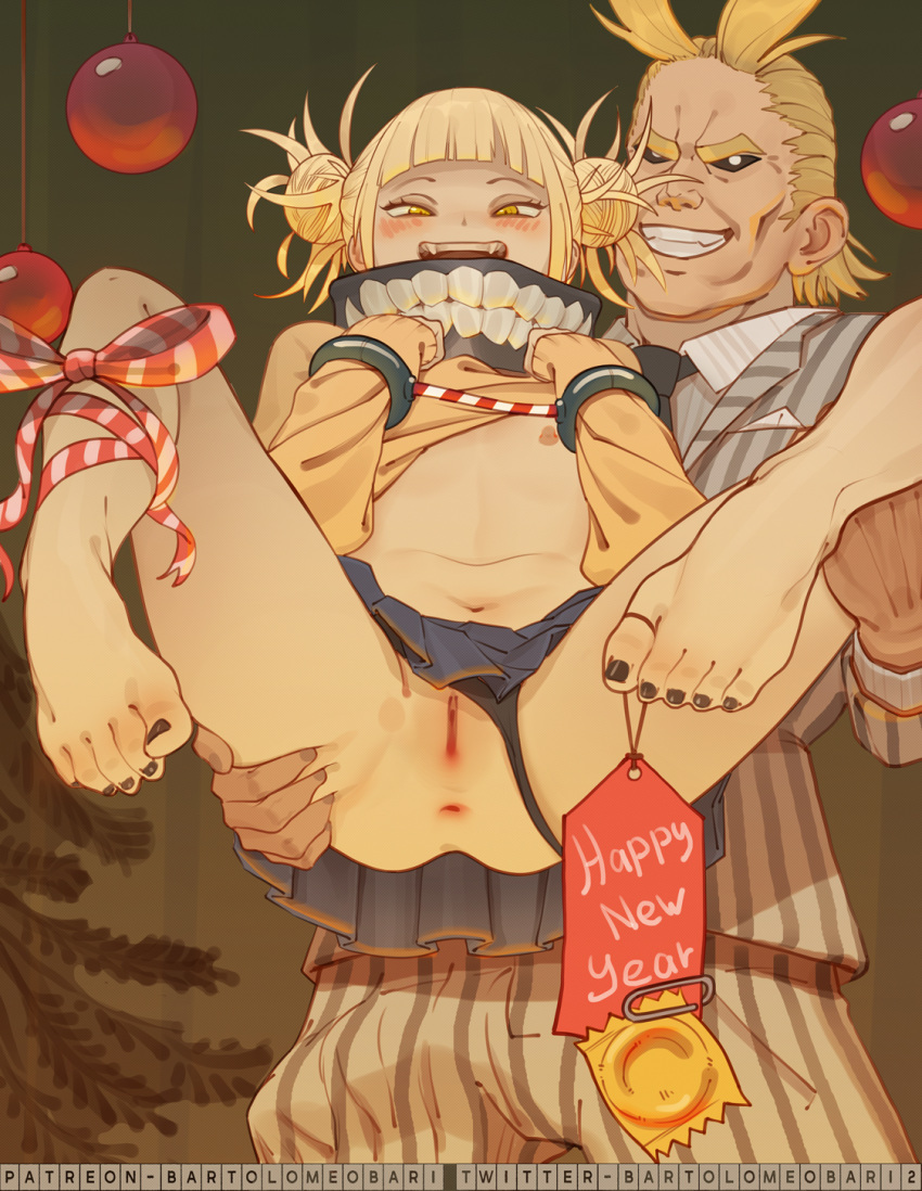 1boy 1girl all_might anus artist_name bangs bare_legs barefoot bartolomeobari black_nails black_panties black_sclera blonde_hair blue_sky blunt_bangs blush boku_no_hero_academia bow bright_pupils bulge cardigan clothes_lift condom double_bun fangs flat_chest formal gift grin half-closed_eyes happy_new_year highres imminent_sex indoors large_penis lifted_by_self long_sleeves looking_at_viewer mask messy_hair microskirt navel necktie new_year nipples open_mouth panties panties_aside penis pinstripe_pattern pleated_skirt presenting pussy sanpaku school_uniform serafuku short_hair skirt sky sleeveless smile stomach striped suit suspension sweater sweater_lift tag teeth toenail_polish toga_himiko uncensored underwear white_eyes white_pupils yellow_eyes