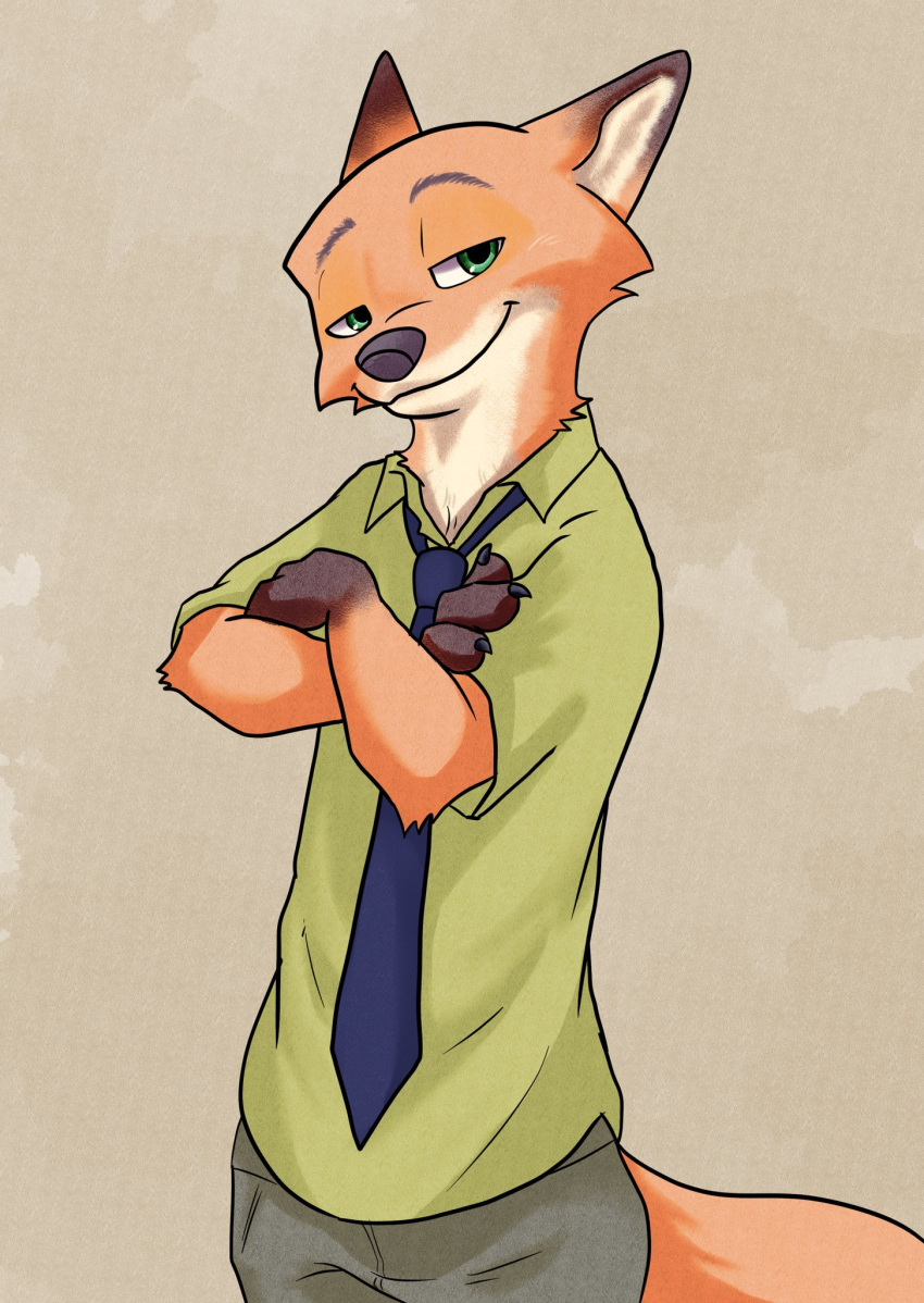 2020 anthro bottomwear canid canine cheek_tuft clothed clothing crossed_arms disney facial_tuft fox fully_clothed fur half-closed_eyes half-length_portrait hi_res mammal narrowed_eyes necktie nick_wilde orange_body orange_fur pants piberius_w portrait red_fox shirt simple_background solo topwear tuft zootopia