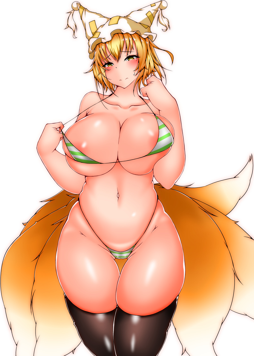 absurd_res animal_humanoid areola belly big_breasts bikini_pull blonde_hair blush bodily_fluids breasts camel_toe canid canid_humanoid canine canine_humanoid cleavage clothed clothing dipstick_tail female fox_humanoid hair hat headgear headwear hi_res huge_breasts humanoid legwear light_skin looking_at_viewer mammal mammal_humanoid midriff multi_tail multicolored_tail navel ran_yakumo shy simple_background skimpy slightly_chubby solo standing sweat sweatdrop thick_thighs thigh_highs touhou video_games white_background wide_hips yellow_eyes コタツ_狐龍