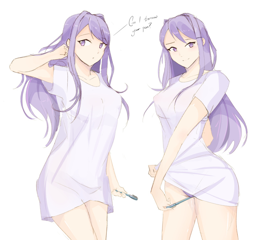 1girl breasts covered_nipples cowboy_shot crotch_rub doki_doki_literature_club english_text hair_ornament hairclip highres kkyz13 large_breasts long_hair looking_at_viewer multiple_views pajamas_challenge panties pen purple_eyes purple_hair purple_panties shirt simple_background sketch smile t-shirt taut_clothes taut_shirt underwear white_background white_shirt yuri_(doki_doki_literature_club)