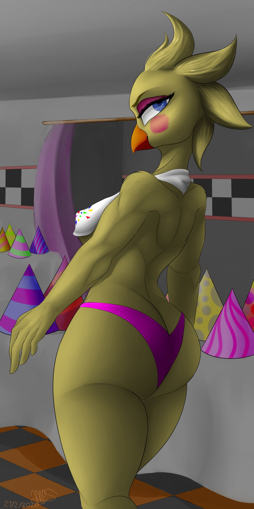 absurd_res anthro avian bib big_butt bird blue_eyes breasts butt clothing female five_nights_at_freddy's five_nights_at_freddy's_2 hi_res huge_butt mammal matheusps555 panties toy_chica_(fnaf) underwear video_games