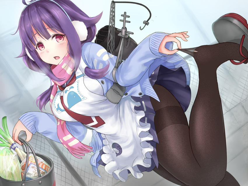1girl ahoge animal_print apron black_legwear blue_cardigan blush breasts bucket cabbage cardigan commentary_request earmuffs em_s eyebrows_visible_through_hair fish_print food fringe_trim geta hair_between_eyes hair_flaps highres holding holding_bucket holding_legwear i-58_(kantai_collection) kantai_collection large_breasts leg_up long_hair long_sleeves looking_at_viewer low_twintails neckerchief necktie open_mouth outdoors pantyhose pink_scarf plaid plaid_skirt purple_hair red_eyes red_neckwear rigging scarf school_uniform serafuku sidelocks skirt solo spring_onion taigei_(kantai_collection) thighband_pantyhose torn_clothes torn_legwear twintails whale_print