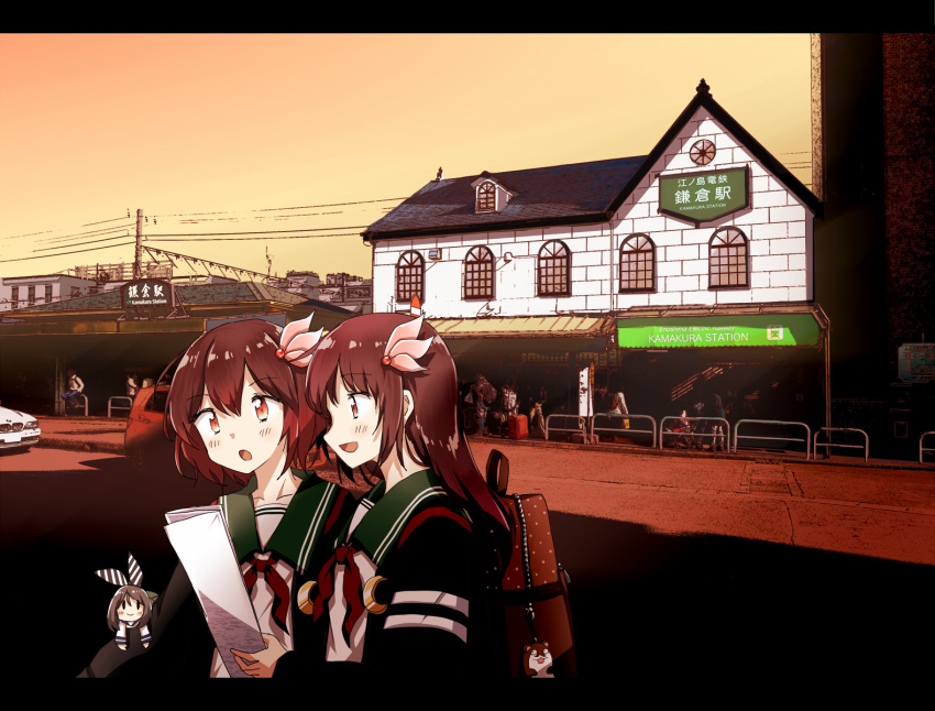 2girls any_(lucky_denver_mint) black_jacket bmw brown_backpack brown_eyes brown_hair car commentary_request crescent crescent_moon_pin daihatsu daihatsu_max eyebrows_visible_through_hair fairy_(kantai_collection) gradient_hair green_sailor_collar ground_vehicle highres jacket kamakura_(city) kantai_collection kisaragi_(kantai_collection) long_hair motor_vehicle multicolored_hair multiple_girls mutsuki_(kantai_collection) red_hair remodel_(kantai_collection) sailor_collar school_uniform serafuku short_hair train_station upper_body