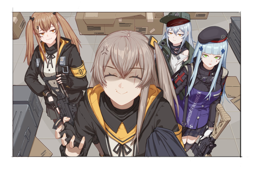 404_(girls_frontline) :3 ammo_box anger_vein armband assault_rifle black_scarf box breasts brown_hair cardboard_box clothes_grab commentary_request fingerless_gloves flat_chest g11_(girls_frontline) girls_frontline gloves green_eyes green_headwear green_jacket grey_hair gun h&amp;k_g11 h&amp;k_hk416 h&amp;k_ump45 h&amp;k_ump9 hair_between_eyes hair_ornament hairclip hk416_(girls_frontline) hood hooded_jacket jacket large_breasts long_hair military_jacket one_side_up orange_eyes ouer_moyu plaid plaid_skirt red_scarf rifle scar scar_across_eye scarf scarf_on_head shaded_face shirt silver_hair skirt smile submachine_gun ump45_(girls_frontline) ump9_(girls_frontline) weapon white_shirt