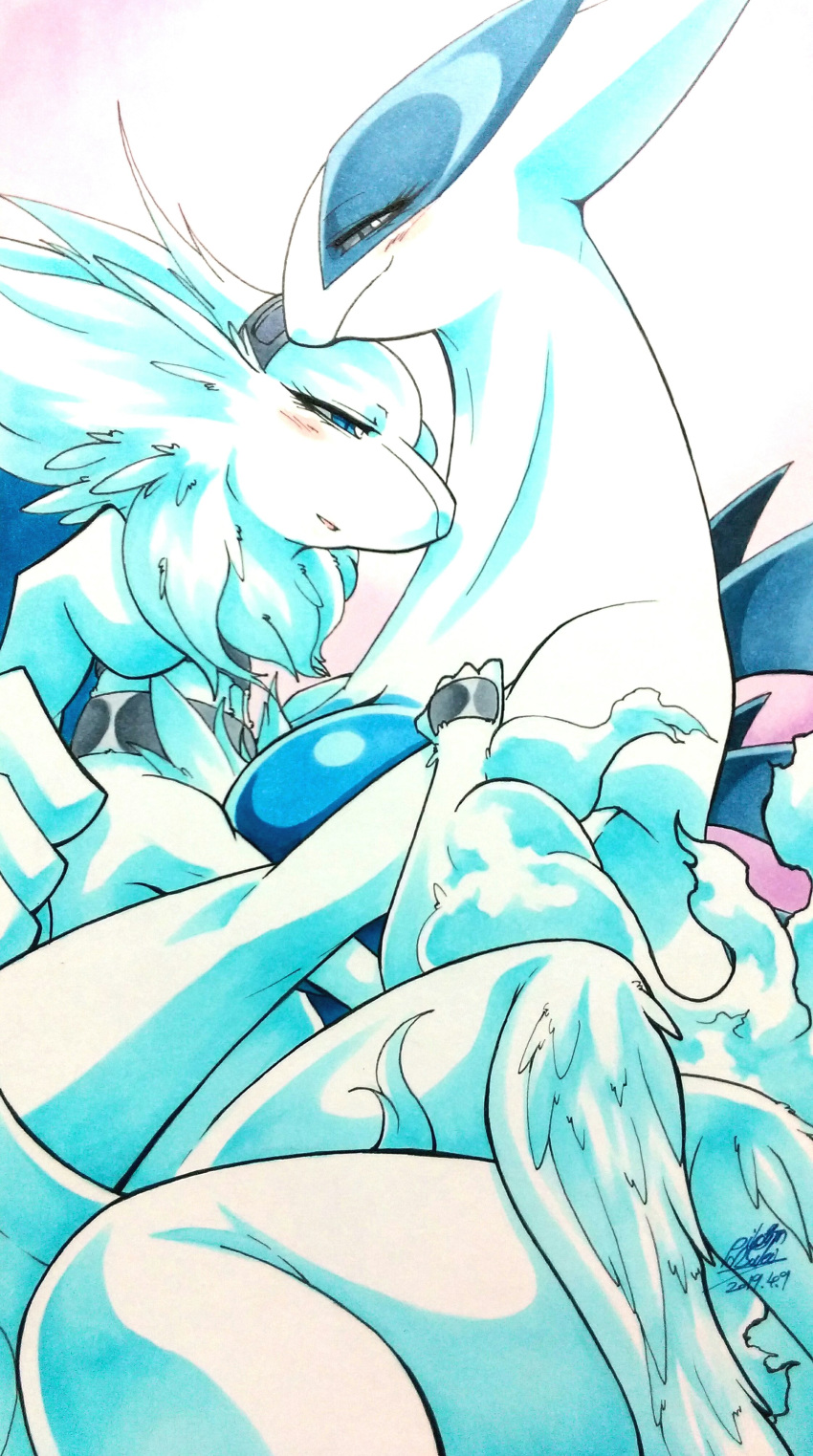 025aki absurd_res accessory anthro avian big_breasts blue_body blue_eyes blue_skin blush breasts collar duo embrace female female/female fur grey_eyes hair headband hi_res legendary_pok&eacute;mon long_fur long_neck looking_at_viewer lugia narrowed_eyes nintendo nude pok&eacute;mon pok&eacute;mon_(species) reshiram seductive simple_background smile thick_thighs traditional_media_(artwork) video_games white_body white_fur white_hair white_skin