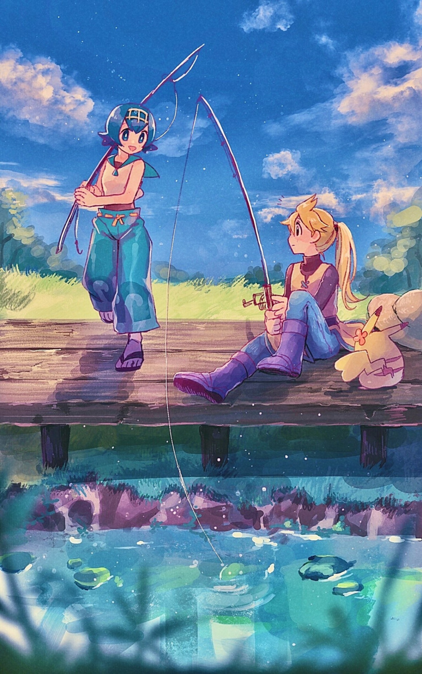 2girls :d bangs black_eyes blonde_hair blue_eyes blue_hair blue_pants blue_sky boots breasts closed_mouth cloud cloudy_sky creature eye_contact fishing fishing_rod flat_chest gen_1_pokemon grass highres holding holding_fishing_rod long_hair long_sleeves looking_at_another mu_acrt multiple_girls open_mouth outdoors pants pikachu pokemon pokemon_(creature) pokemon_(game) pokemon_sm pokemon_special ponytail purple_footwear sandals sitting sky small_breasts smile suiren_(pokemon) walking water wind yellow_(pokemon)