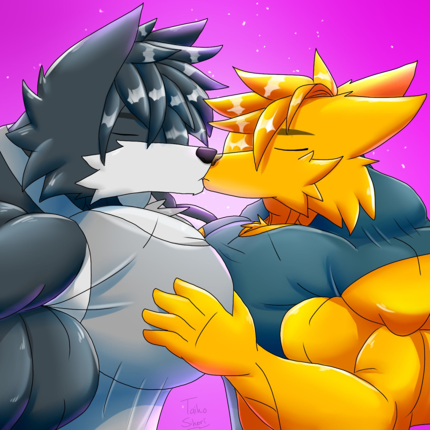 1:1 anthro big_muscles black_body black_fur brother brothers canid canine duo fennec fox fur hi_res hug huge_muscles incest kissing male male/male mammal muscular muscular_male sibling taiko-sihori yellow_body yellow_fur