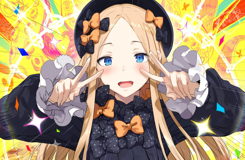 1girl abigail_williams_(fate/grand_order) bangs black_bow black_dress black_headwear blonde_hair blue_eyes blush bow breasts double_v dress emotional_engine_-_full_drive fate/grand_order fate_(series) forehead hair_bow hews_hack long_hair long_sleeves looking_at_viewer multiple_bows open_mouth orange_bow parted_bangs polka_dot polka_dot_bow smile solo v