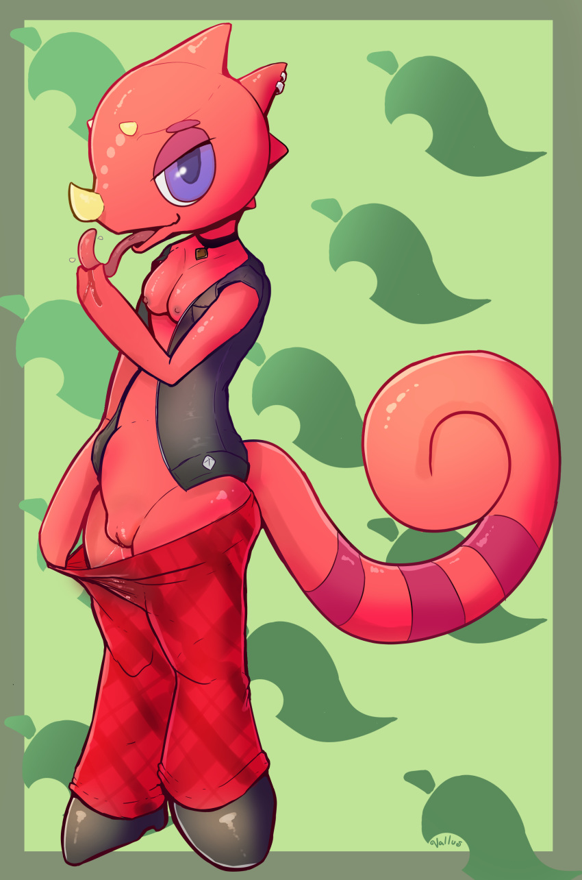 2020 absurd_res animal_crossing anthro bodily_fluids bottomwear breasts clothed clothing cunnilingus_gesture digital_media_(artwork) female flick_(animal_crossing) footwear genital_fluids genitals gesture hi_res looking_at_viewer nintendo nipples open_mouth pants piercing pussy red_body red_skin reptile scalie shoes simple_background solo suggestive suggestive_gesture tongue tongue_out topwear vallus video_games