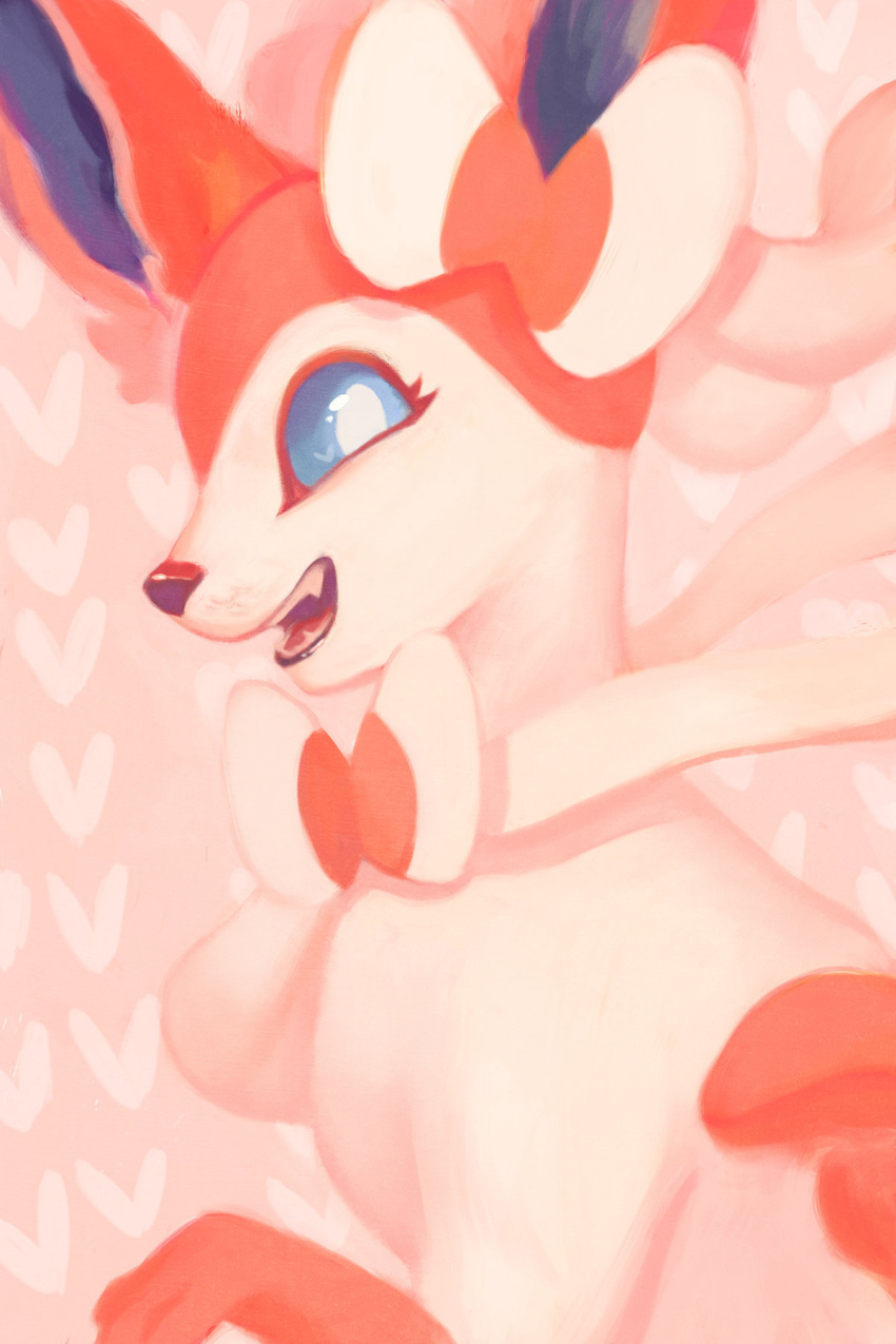 :d blue_eyes creature eyelashes fangs from_side gen_1_pokemon gen_6_pokemon highres looking_at_viewer no_humans open_mouth orcaowl pokemon pokemon_(creature) profile signature smile solo sylveon