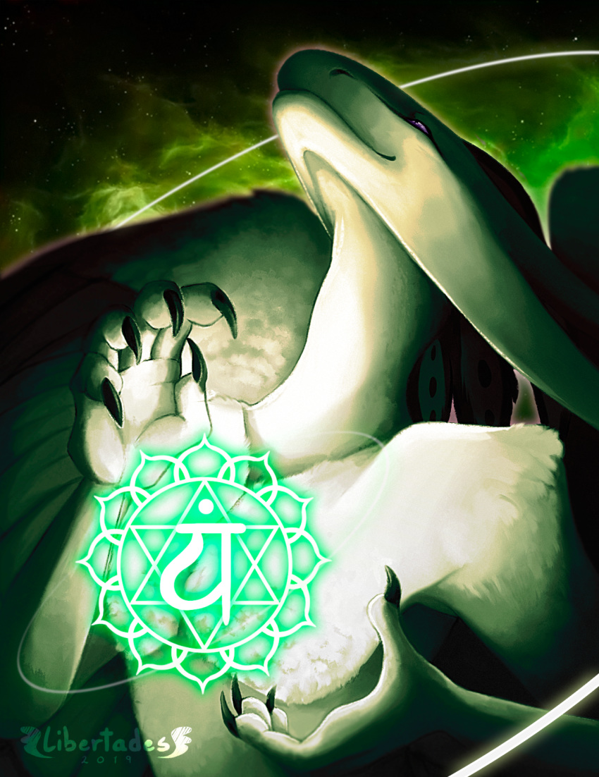 2019 5_fingers ambiguous_gender digital_media_(artwork) dragon feral fingers fur green_theme hi_res libertades purple_eyes smile solo white_body white_fur wings