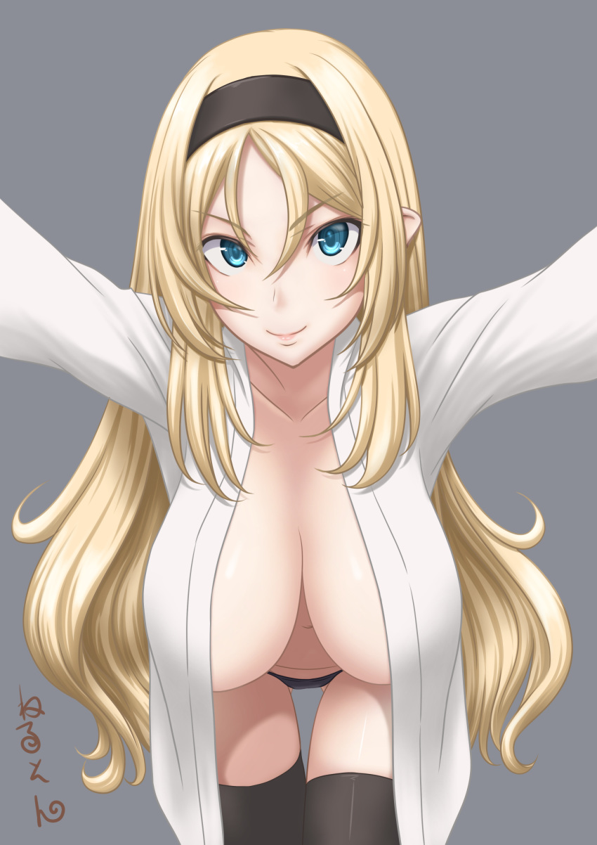 1girl artist_name ass_visible_through_thighs black_hairband black_legwear black_panties blonde_hair blue_eyes breasts commentary_request cowboy_shot dress dress_lift grey_background hairband highres kantai_collection large_breasts leaning_forward nelson_(kantai_collection) open_clothes panties pointy_ears shirt simple_background solo t2r thigh_gap thighhighs underwear white_shirt