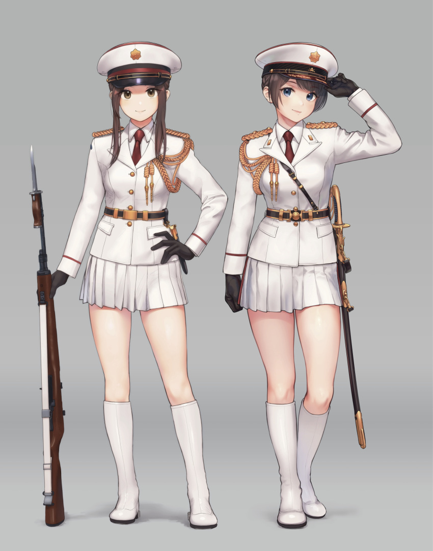 2girls aiguillette arm_at_side bangs black_gloves blue_eyes blush boots brown_eyes brown_hair closed_mouth full_body genso gloves grey_background gun hand_on_headwear hand_on_hip hat highres holding holding_gun holding_weapon jacket knee_boots long_sleeves military military_jacket military_uniform miniskirt multiple_girls necktie original peaked_cap pink_lips pleated_skirt red_neckwear sheath sheathed short_hair_with_long_locks side_ponytail simple_background skirt smile standing swept_bangs sword uniform weapon weapon_request white_footwear white_headwear white_jacket white_skirt