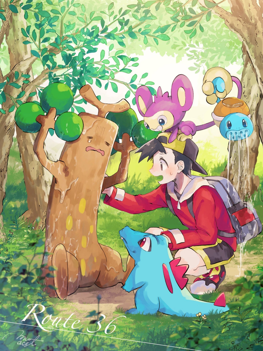 1boy aipom backwards_hat gen_1_pokemon gen_2_pokemon grass hat highres male_focus mu_acrt outdoors pokemon pokemon_(game) pokemon_gsc pokemon_on_head squirt_bottle squirtle totodile tree